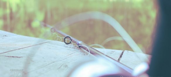 photo of a spinning reel and fishing pole sitting on a dock for free fishing days