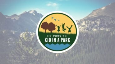 photo of mountain with the Every Kid in a Park program logo, which is a free national park entry program for 4th graders