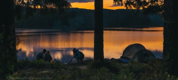 Photos at sunset of family camping demonstrating Essential Camping Gear for Families