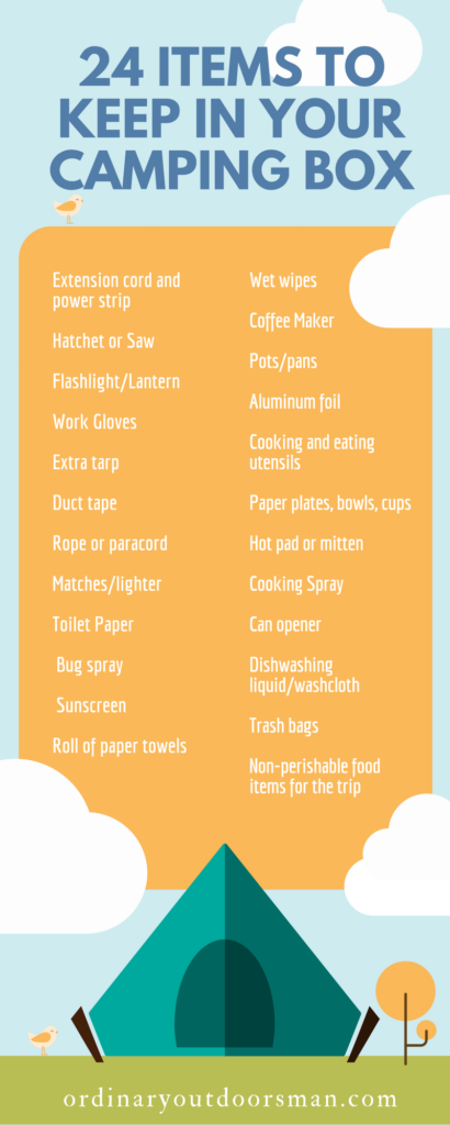 24 Items to keep in your camping box infographic.