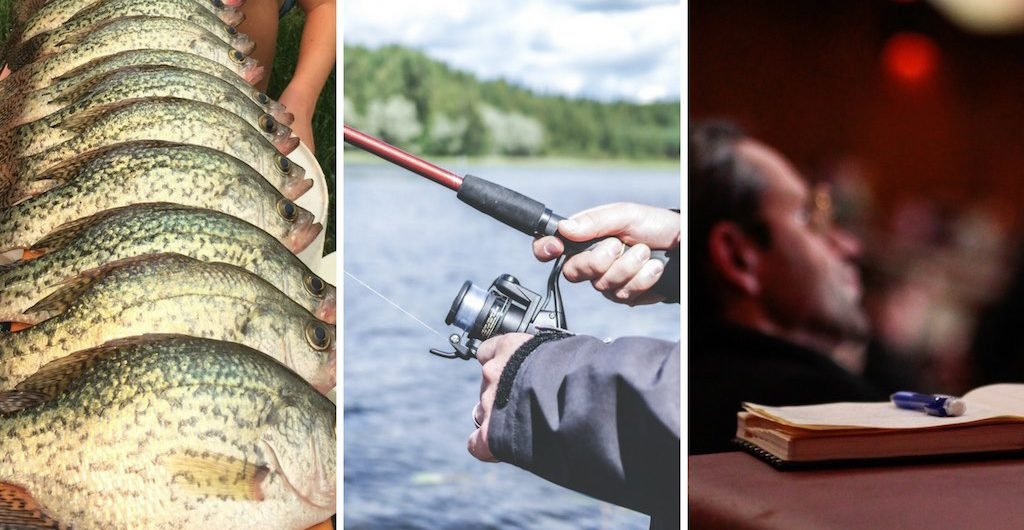 article graphic showing crappie, a man fishing, and a man at a large group meeting