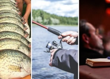 article graphic showing crappie, a man fishing, and a man at a large group meeting